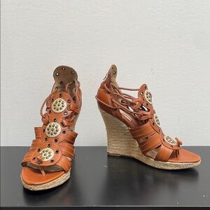Michael Kors Gladiator Wedge Heel Leather Sandal Platform Lace Up Boho Brown 7